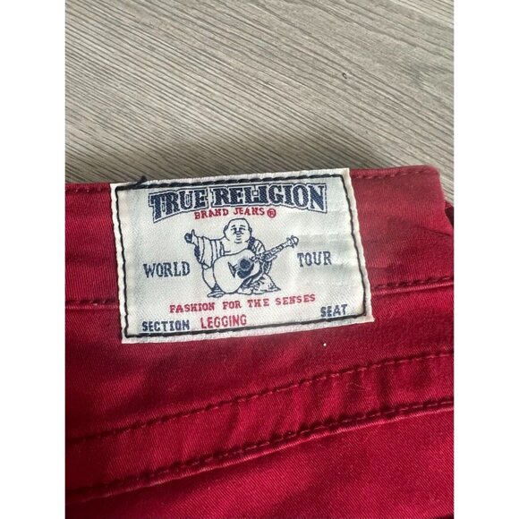True Religion Swarovski Crystals Logo Leggings Red Skinny Jeans Size 26 - Picture 9 of 11